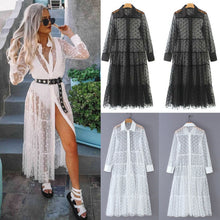 Load image into Gallery viewer, Women Mesh Sheer Transparent Polka Dot Lace Cover up V Neck Button Down Maxi Dress See-through Party Clubwear Beach Dress