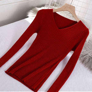 2019 basic v-neck solid autumn winter Sweater Pullover Women Female Knitted sweater slim long sleeve badycon sweater cheap