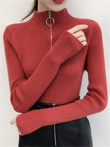 Casual Knitted Turtleneck Pullovers Sweater Women 2019 Autumn Winter Zipper Up Solid Slim Knitting sweaters Big Size Pull Femme