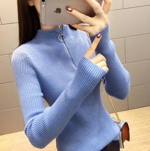 Casual Knitted Turtleneck Pullovers Sweater Women 2019 Autumn Winter Zipper Up Solid Slim Knitting sweaters Big Size Pull Femme