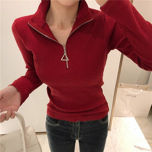 Casual Knitted Turtleneck Pullovers Sweater Women 2019 Autumn Winter Zipper Up Solid Slim Knitting sweaters Big Size Pull Femme