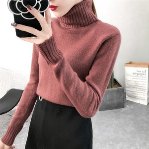 2019 New Autumn winter Women Knitted Sweaters Pullovers Turtleneck Long Sleeve Solid Color Slim Elastic Short Sweater Women