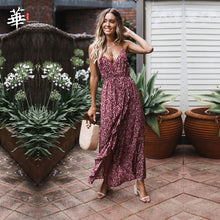 Load image into Gallery viewer, V-neck Split Women Floral Dress 2019 Elegant   Bohemian Wrap Long Flower Plus Size Summer Dresses Female Holiday Sexy Beach Vest