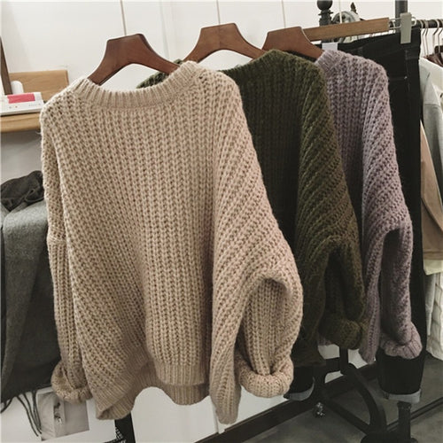 Retro Autumn Winter Knitted Sweater For Women Pull Femme Oversize Loose Long Sleeve Solid Color Long Warm Sweater Jumper