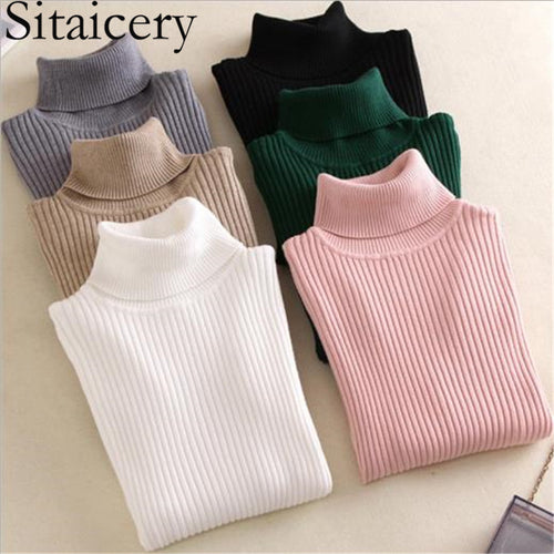 Sitaicery 2019 Winter Autumn Women Turtleneck Knitted Sweater High Collar Casual Soft Polo Neck-Neck Sweater Fashion Slim Pullov