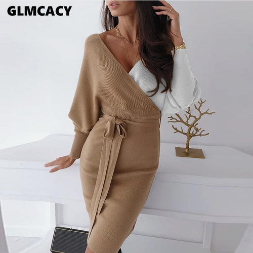 Women Long Sleeve Color Block Bodycon Knit Dress V Neck Wrap Belt Midi Dress Elegant Autumn Workwear Streetwear