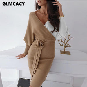 Women Long Sleeve Color Block Bodycon Knit Dress V Neck Wrap Belt Midi Dress Elegant Autumn Workwear Streetwear