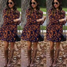 Load image into Gallery viewer, 2019 New Midi Floral Long Sleeve Dress Female Autumn O-Neck Retro Print Knee Length Polyester Casual Plus Size Dresses Elegant