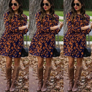 2019 New Midi Floral Long Sleeve Dress Female Autumn O-Neck Retro Print Knee Length Polyester Casual Plus Size Dresses Elegant