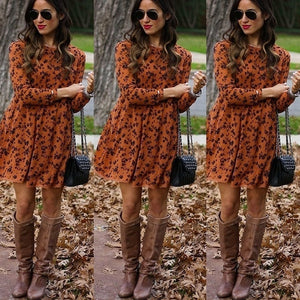 2019 New Midi Floral Long Sleeve Dress Female Autumn O-Neck Retro Print Knee Length Polyester Casual Plus Size Dresses Elegant