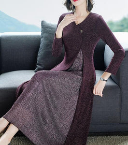 2019 Autumn New Arrival Hot Sale Fake Two Pieces Knitting Chiffon  Woman Long Dress Plus Size M-5XL