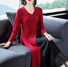 Load image into Gallery viewer, 2019 Autumn New Arrival Hot Sale Fake Two Pieces Knitting Chiffon  Woman Long Dress Plus Size M-5XL