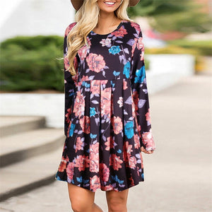 2019 New Midi Floral Long Sleeve Dress Female Autumn O-Neck Retro Print Knee Length Polyester Casual Plus Size Dresses Elegant