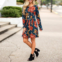 Load image into Gallery viewer, 2019 New Midi Floral Long Sleeve Dress Female Autumn O-Neck Retro Print Knee Length Polyester Casual Plus Size Dresses Elegant