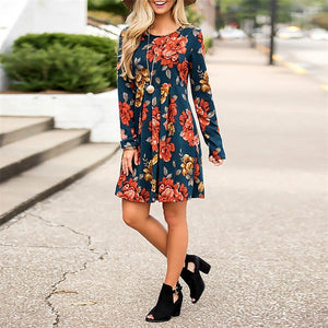 2019 New Midi Floral Long Sleeve Dress Female Autumn O-Neck Retro Print Knee Length Polyester Casual Plus Size Dresses Elegant