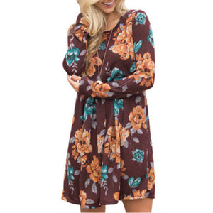 2019 New Midi Floral Long Sleeve Dress Female Autumn O-Neck Retro Print Knee Length Polyester Casual Plus Size Dresses Elegant