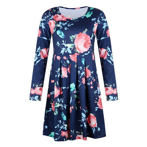 2019 New Midi Floral Long Sleeve Dress Female Autumn O-Neck Retro Print Knee Length Polyester Casual Plus Size Dresses Elegant