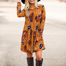 Load image into Gallery viewer, 2019 New Midi Floral Long Sleeve Dress Female Autumn O-Neck Retro Print Knee Length Polyester Casual Plus Size Dresses Elegant