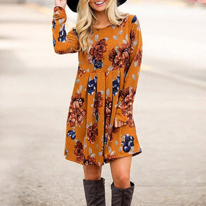 2019 New Midi Floral Long Sleeve Dress Female Autumn O-Neck Retro Print Knee Length Polyester Casual Plus Size Dresses Elegant