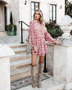 2019 New Midi Floral Long Sleeve Dress Female Autumn O-Neck Retro Print Knee Length Polyester Casual Plus Size Dresses Elegant