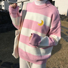 Load image into Gallery viewer, Women&#39;s Sweaters Kawaii Ulzzang College Candy Color Stripes Moon Sets Embroidery Sweater Female Harajuku Clothing For Women