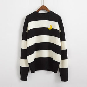 Women's Sweaters Kawaii Ulzzang College Candy Color Stripes Moon Sets Embroidery Sweater Female Harajuku Clothing For Women